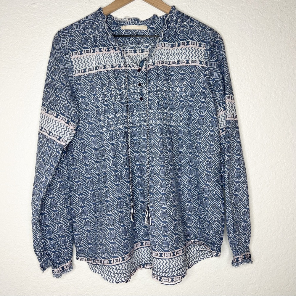 Lola Australia Blue White Print Boho Blouse Cotton Tassel Long Sleeve sze Medium
